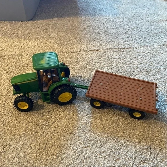 John Deere Metal Diecast Tractor Toy W/ Flatbed Trailer Green